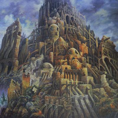 Babel en montagne, huile sur toile, 100x100cm, 2016