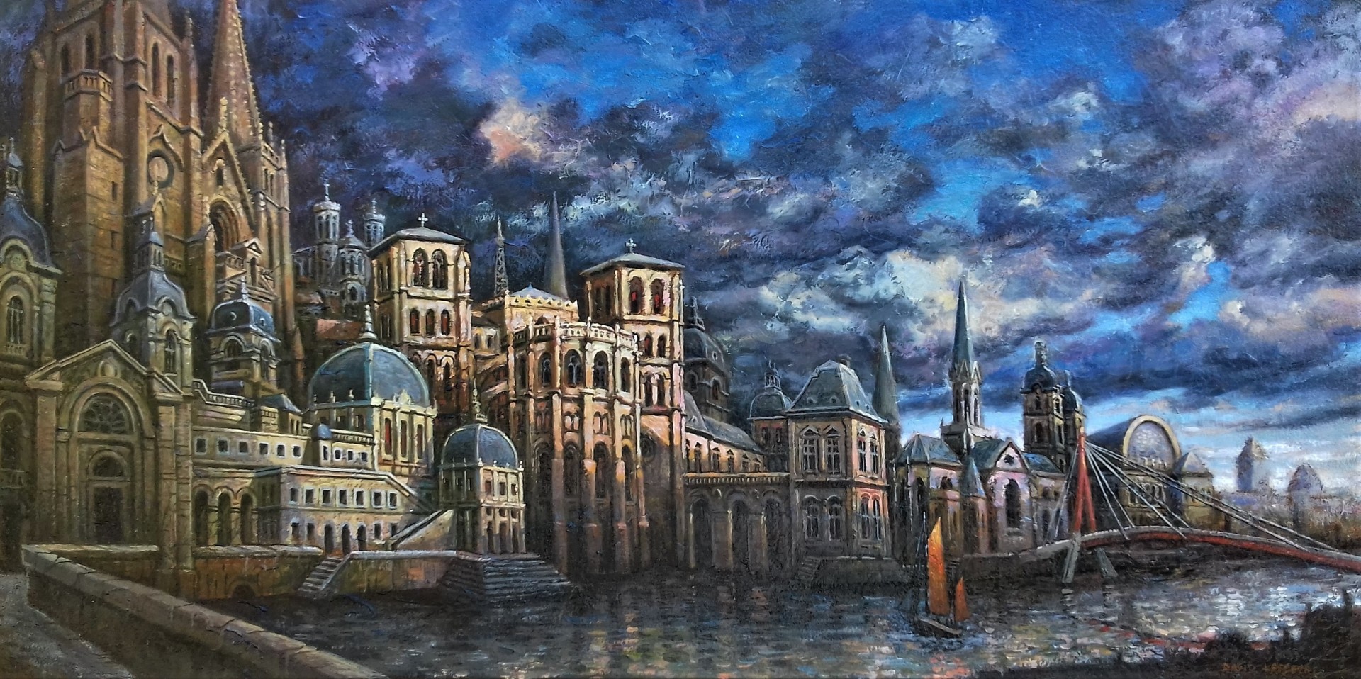 Lyon, vue imaginaire I, huile sur toile, 40x80cm, 2020