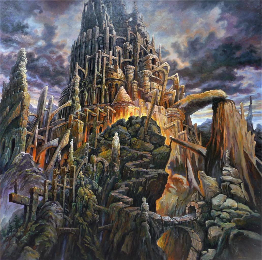 Babel en montagne II, huile sur toile, 100x100cm, 2017
