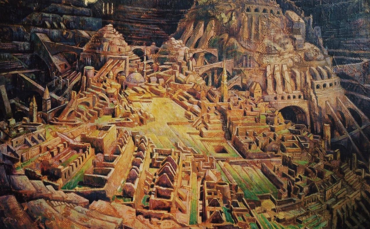Faubourgs de Babel II, huile sur toile, 65x100cm, 2002
